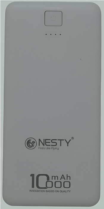 NTGRPBP2 ComputechSolutions Back view of a NESTY power bank, 10000 mAh, with four LED indicators and a small square power button near the top; logo and slogan near the bottom.