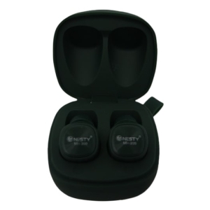 Black wireless earbuds in an open charging case, showing two earbuds with NESTY branding.