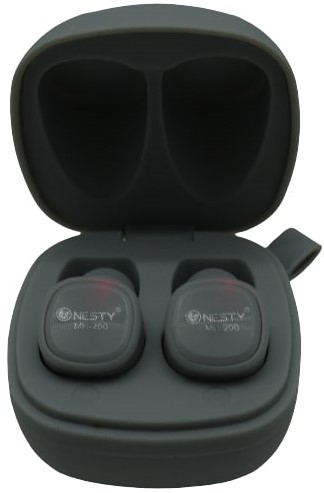 NTMH200GRY - Computech-Solutions Grey wireless earbuds resting in an open charging case.