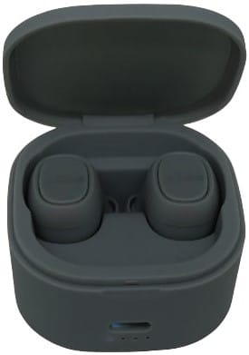 NTMH250GRY - Computech-Solutions Dark gray wireless earbuds inside an open charging case with the lid raised.