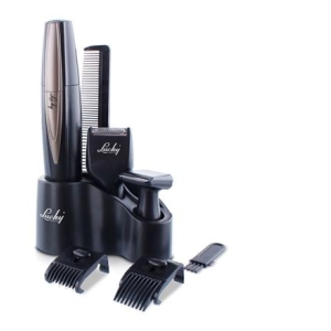 NTRB31SA - Computech-Solutions Cordless hair trimmer set with charging base and multiple cutting attachments on a stand.