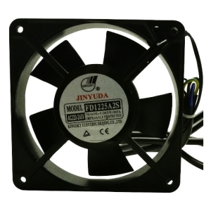 Square computer cooling fan with a black frame and five blades; center label shows JINYUDA, model FD1225A2S, and power specifications; visible wired connector on the side.