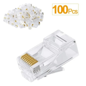 Clear plastic RJ45 Ethernet plug (8P8C) with gold-plated contacts; part of a 100-piece pack.