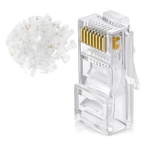 Clear plastic ethernet tool with gold-plated contacts and a pile of transparent RJ-45 modular plugs beside it.