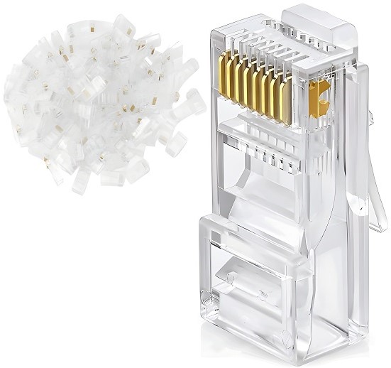 NTXCAT6CGC100P - Computech-Solutions Clear plastic ethernet tool with gold-plated contacts and a pile of transparent RJ-45 modular plugs beside it.