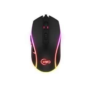 Black gaming mouse with pink RGB lighting and a glowing yellow ring at the base, viewed from the top.