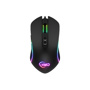 Black gaming mouse with green scroll wheel and RGB lighting along the sides and logo area