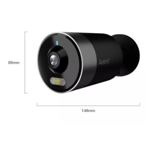 Side view of an Arenti security camera with lens and LED light, 146 mm long and 65 mm tall (dimensions shown).