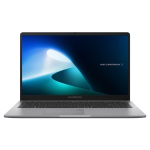 ASUS ExpertBook laptop open with silver body and blue abstract wallpaper on screen.