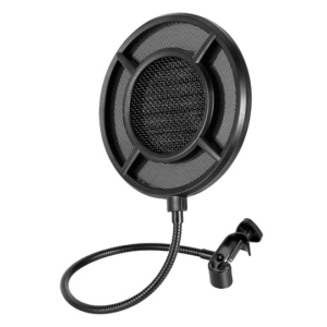 Round microphone windscreen on a flexible gooseneck with clip, used as a pop filter to reduce plosives in recording