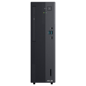 Front view of an ASUS ExpertCenter desktop tower with a vertical ridged drive bay on the left, power button and LEDs on the right, USB 3.0 ports, a USB-C port, audio jack, SD card reader, and a slim optical drive.