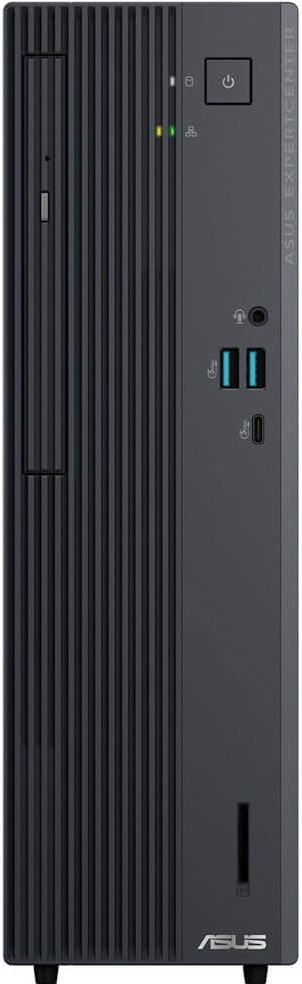 P500SV-C58512G1X - Computech-Solutions Front view of an ASUS ExpertCenter desktop tower with a vertical ridged drive bay on the left, power button and LEDs on the right, USB 3.0 ports, a USB-C port, audio jack, SD card reader, and a slim optical drive.