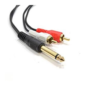 Audio adapter cable with a gold 1/4-inch plug connected to red and white RCA connectors (left/right) for audio.