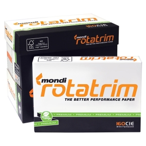 Two Rotatrim paper boxes from Mondi, white and dark packaging with bold orange logo and 'The Better Performance Paper' slogan.