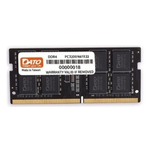 DDR4 DIMM memory module with gold edge and a DATO warranty label sticker on top