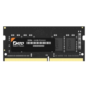 Close-up of a DATO DDR4 RAM module with a black label, orange accent, gold edge connector, and 'Made in Taiwan' marking.