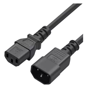 IEC 60320 power cord with a C13 female connector and a C14 male connector facing the camera, used to connect computers to a power supply