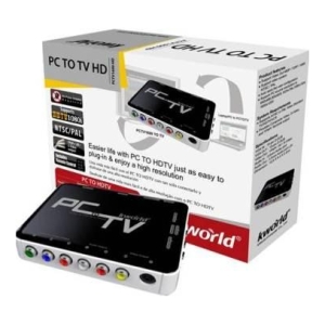 Boxed PC-to-TV HDTV adapter kit with a white media receiver and a smaller black device showing HDMI-like ports, illustrating setup.