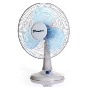 White stand fan with light blue blades, circular grille, and Pineware branding on the center hub.