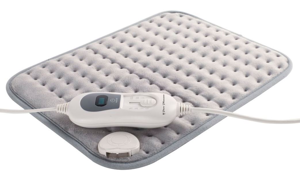 PHP007 - Computech-Solutions White electric heating pad with a user control unit, power cord, and a detachable plug on a gray quilted mat.