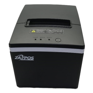 Black ZAIPOS receipt printer with a top paper slot and status lights (Power, Error, Paper) on the front, used to print receipts.