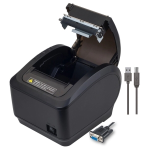 Compact black desktop receipt printer with the top cover open, showing the paper feed area and output slot, plus USB cable and power switch nearby.