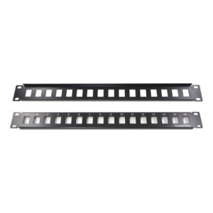 Two black 19-inch network patch panels with multiple square ports and numeric labels for cable organization in a rack.