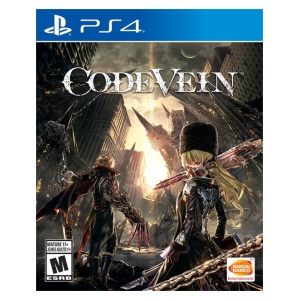 PS4 game cover for Code Vein: two armored, vampire-like characters in a ruined city with a dramatic sunset and the game title.