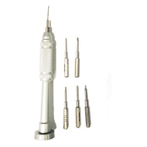 Electric handheld rotary tool with a textured grip and six interchangeable bits displayed beside it