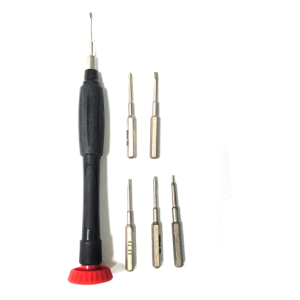 Precision screwdriver with red knob and six interchangeable bits laid out beside it for electronics work