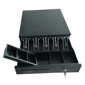 PSNT405 - Computech-Solutions Open black cash drawer with divided bill/coin trays and a lock with key, drawer pulled out slightly.
