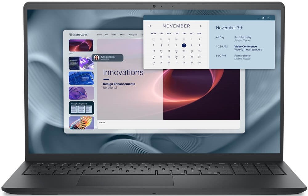 PV15250RPLU008P - Computech-Solutions Laptop displaying layered app windows: a calendar, a notes panel, and a design slide on a blue patterned background