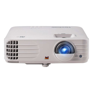 White multimedia projector facing the viewer, with a large lens on the right and vent grills on the left.