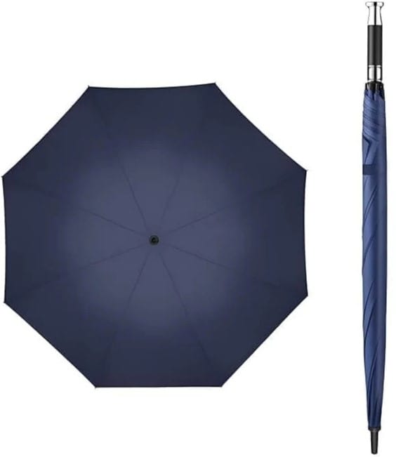 QC20570NBL - Computech-Solutions Open navy blue umbrella with a closed matching umbrella standing upright to the right.