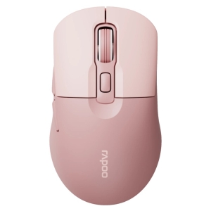 Top-down view of a pastel pink wireless computer mouse, showing the scroll wheel and central buttons