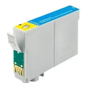 Cyan printer ink cartridge shown from the side with a yellow label on top and contact area visible.