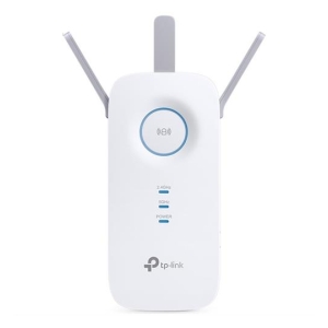 White TP-Link wireless range extender with two external antennas and a blue illuminated circular button on the front panel for pairing or status.