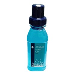 RELIS01 ComputechSolutions Blue bottle of alcohol hand gel with a black pump/screw cap and label visible