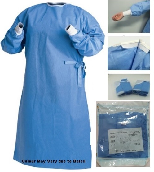 RGWS - Computech-Solutions Blue disposable surgical gown with tied waist, shown from the front for sterile procedures.