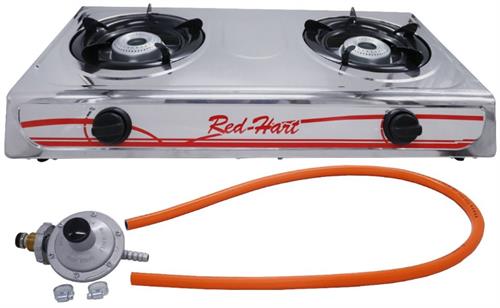Two-burner portable gas stove with a chrome body and Red Hot branding, connected to an orange propane hose and regulator.
