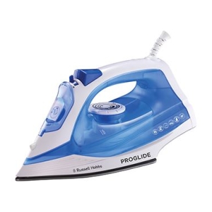 Blue and white Russell Hobbs PROGLIDE steam iron with transparent water tank, control dial, and cord