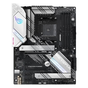 ROG STRIX B550-A-GAMING motherboard with black and silver heatsinks, PCIe slots, and RAM sockets (gaming ATX board).