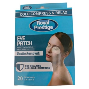 RP-480016 - Computech-Solutions Blue Royal Prestige eye patch box labeled Cold Compress & Relax with a woman wearing an eye patch, highlighting 'Gentle Removal!' and 'For relaxing and cold compress'.