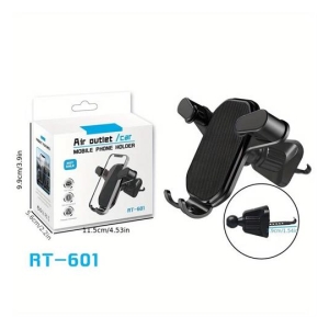 RT-601 car phone holder shown next to its packaging; includes adjustable clamp arms and suction knob for mounting in a vehicle.