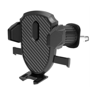 Car phone mount with a carbon-fiber patterned charging pad and side clamps to secure a smartphone.