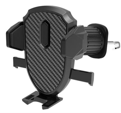 RT-60A - Computech-Solutions Car phone mount with a carbon-fiber patterned charging pad and side clamps to secure a smartphone.