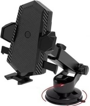 RT-665 - Computech-Solutions Car phone mount with adjustable side grips and a circular suction base, shown in black with a swivel adjustment knob on the base.