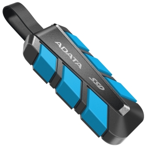 Close-up of a blue and gray handheld tool part with a black end cap