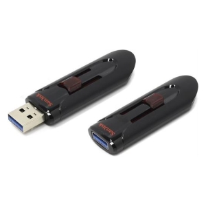 Two black SanDisk USB 3.0 flash drives with retractable connectors, placed side by side on a white background.