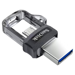 SanDisk USB flash drive with a translucent plastic housing and silver connector ready for data transfer.